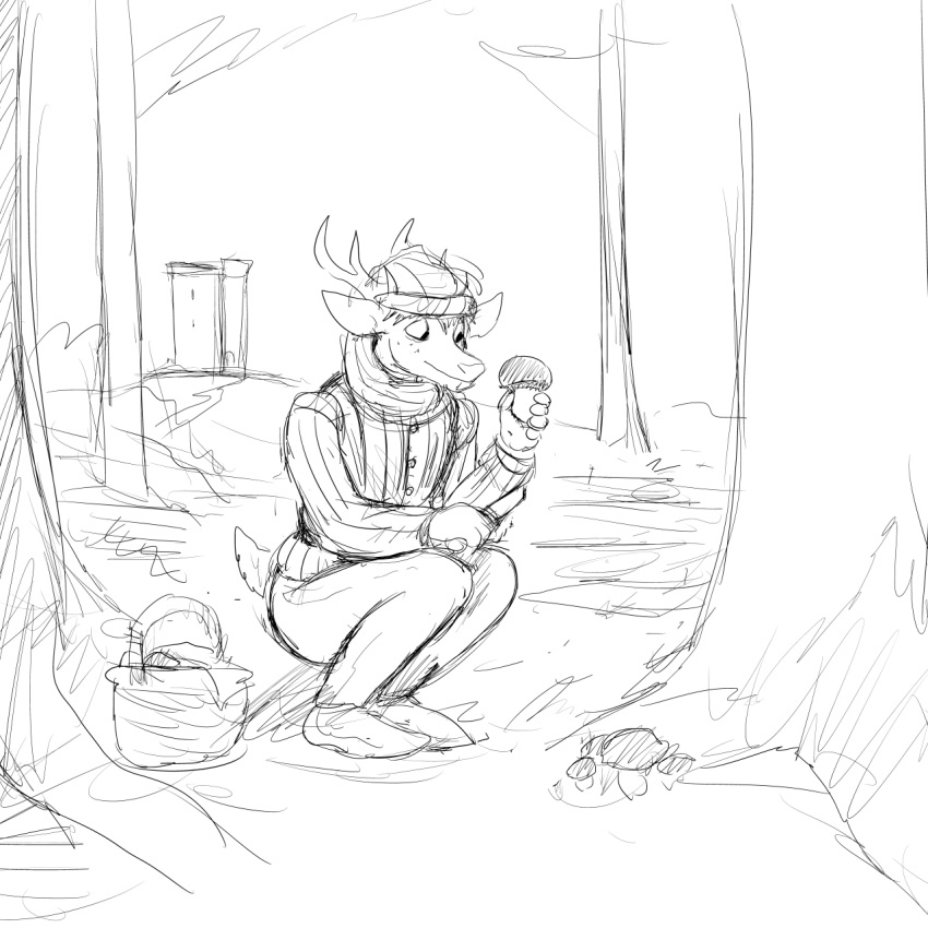1:1 anthro antlers basket biped black_and_white bottomwear cervid clothed clothing crouching deer_prince food forest fungus hi_res hladilnik holding_object horn knife male mammal monochrome mushroom outside simple_background sketch solo topwear tree white_background