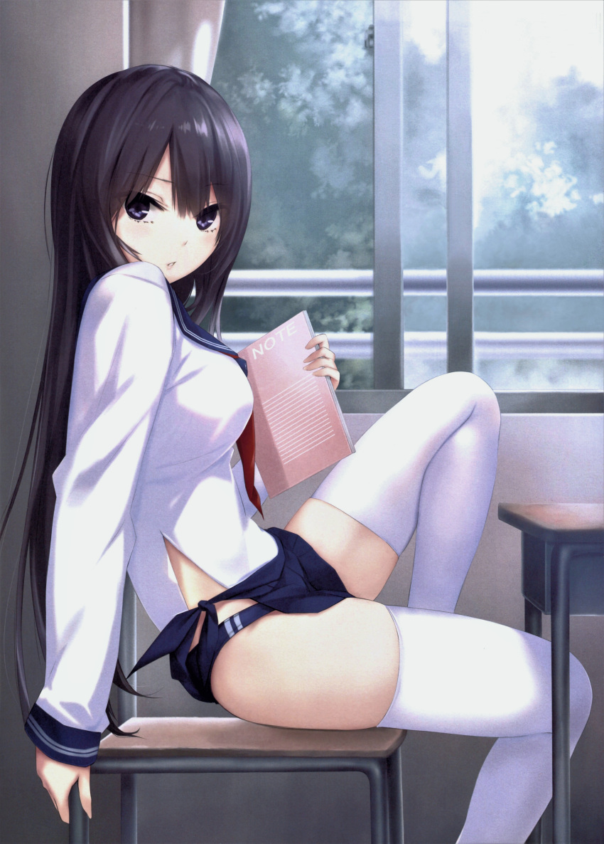 1girl absurdres bangs black_hair blue_eyes blue_skirt breasts buruma buruma_under_skirt chair coffee-kizoku day desk eyebrows_visible_through_hair from_side highres holding indoors knee_up lips long_hair long_sleeves looking_at_viewer medium_breasts original parted_lips scan school_desk school_uniform shiny shiny_hair shiramine_rika simple_background sitting skirt solo thighhighs thighs white_legwear window