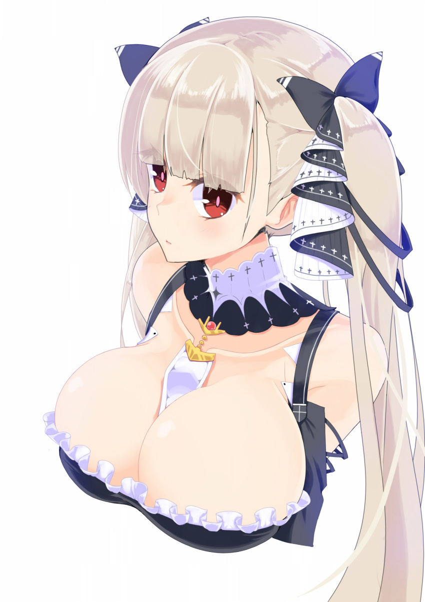 1girl azur_lane bangs between_breasts blush bow breasts brown_eyes choker cleavage closed_mouth commentary_request formidable_(azur_lane) grey_hair hair_bow highres hujikok large_breasts long_hair looking_at_another neckwear_between_breasts simple_background solo twintails white_background