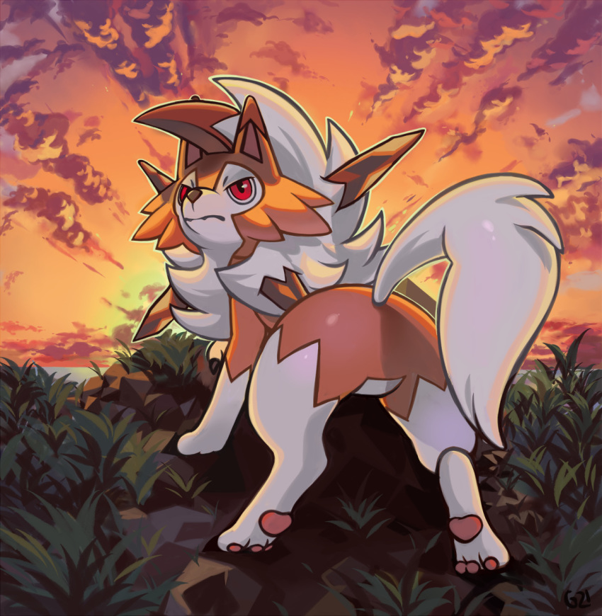 cloud cloudy_sky commentary english_commentary gen_7_pokemon grass highres horizon lycanroc lycanroc_(dusk) no_humans outdoors pinkgermy pokemon pokemon_(creature) red_eyes sky solo sunset tail