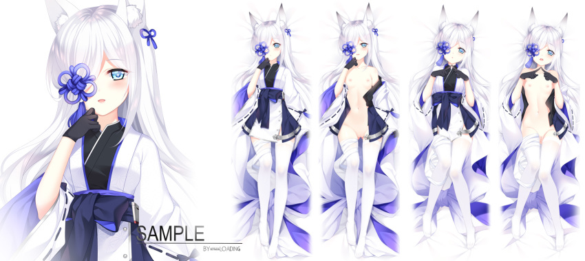 1girl animal_ear_fluff animal_ears artist_name azur_lane bandaged_leg bandages bangs bed_sheet black_bow black_gloves black_kimono blue_eyes blush bow breasts commentary_request dakimakura eyebrows_visible_through_hair fingers_together gloves hair_over_one_eye hands_up highres japanese_clothes kasumi_(azur_lane) kimono long_hair multiple_views navel nipples no_shoes on_bed parted_lips pussy ribbon-trimmed_sleeves ribbon_trim sample small_breasts smile thighhighs verjuice very_long_hair white_hair white_kimono white_legwear wide_sleeves