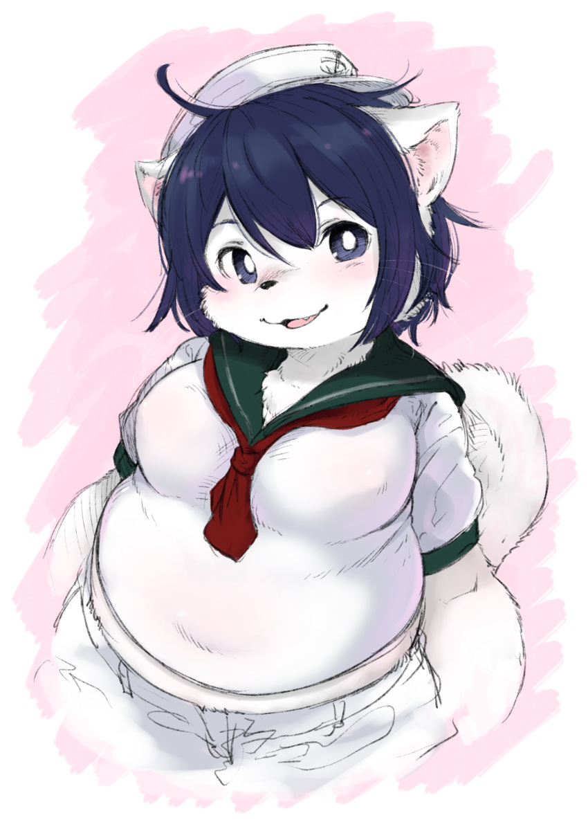 anthro breasts clothed clothing domestic_cat felid feline felis female fur hair hi_res kemono mammal medium_breasts minamitsu_murasa nipple_outline open_mouth purple_eyes purple_hair rakkaon sailor_hat sailor_uniform slightly_chubby solo touhou video_games white_body white_fur