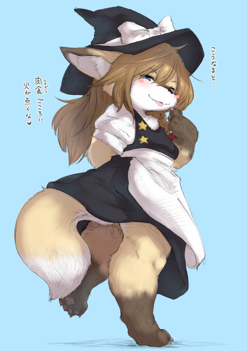 &lt;3 absurd_res anthro canid canine clothed clothing cookie☆ cyan_background female fox hat headgear headwear hi_res japanese_text kemono looking_at_viewer mammal rakkaon solo suzu_(cookie) text tongue tongue_out upskirt walking witch_hat young