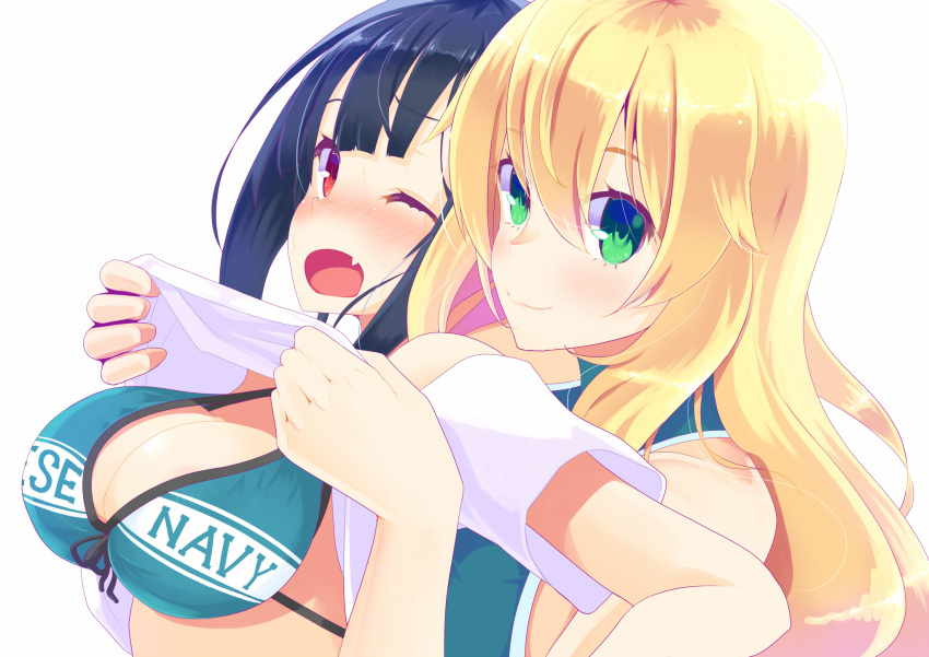 2girls atago_(kantai_collection) bangs black_hair blonde_hair blush breasts cleavage closed_mouth commentary_request eyebrows_visible_through_hair fang green_eyes hair_between_eyes highres hujikok kantai_collection lifted_by_another long_hair looking_at_another looking_at_viewer medium_breasts multiple_girls nose_blush open_mouth red_eyes short_sleeves simple_background smile swimsuit takao_(kantai_collection) upper_body white_background