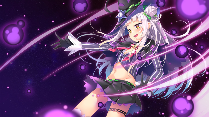 1girl :d bangs black_gloves black_skirt chiyonekoko commentary_request crop_top gloves grey_hair groin hat hat_ornament highres hololive long_hair midriff miniskirt murasaki_shion navel neck_ribbon open_mouth orb red_neckwear ribbon shirt side_bun skirt smile solo star star_hat_ornament striped striped_shirt thigh_strap v-shaped_eyebrows virtual_youtuber witch_hat yellow_eyes