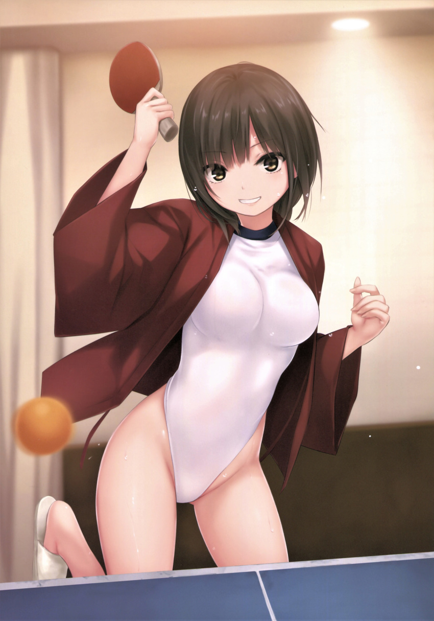 1girl absurdres aoyama_sumika ball bangs black_hair blurry blurry_background breasts brown_eyes coffee-kizoku eyebrows_visible_through_hair highleg highleg_leotard highres holding holding_paddle indoors leg_up leotard lips long_sleeves looking_at_viewer medium_breasts original paddle parted_lips sandals scan shiny shiny_hair shiny_skin short_hair simple_background smile solo table_tennis_ball table_tennis_paddle wide_sleeves