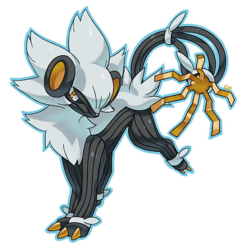 blue_outline claws commentary creature english_commentary full_body fusion gen_4_pokemon gen_7_pokemon highres looking_at_viewer luxray no_humans outline pinkgermy pokemon pokemon_(creature) signature simple_background solo ultra_beast white_background xurkitree yellow_eyes