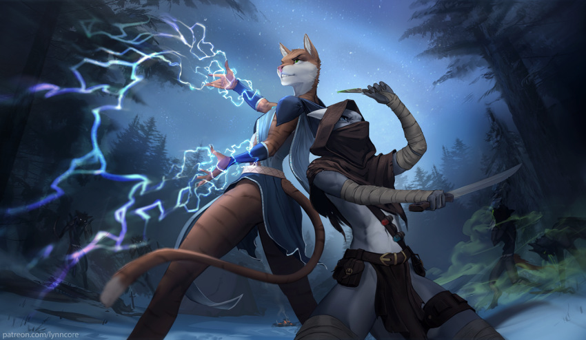 2020 5_fingers anthro brown_body brown_fur clothed clothing detailed_background digital_media_(artwork) domestic_cat dragon felid feline felis female fingers fur holding_object holding_weapon horn lynncore male mammal night outside sky star starry_sky weapon wingless_dragon