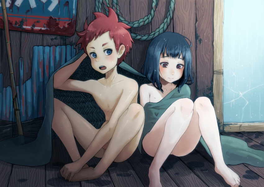 1boy 1girl bangs black_hair blanket blanket_hug blue_eyes blush brown_eyes closed_mouth commentary_request embarrassed feet_together fishing_rod indoors knees_together_feet_apart medium_hair nervous_smile nude open_mouth original rain red_hair rope shared_blanket sitting sousuke_(sauceke) testicles water wet window