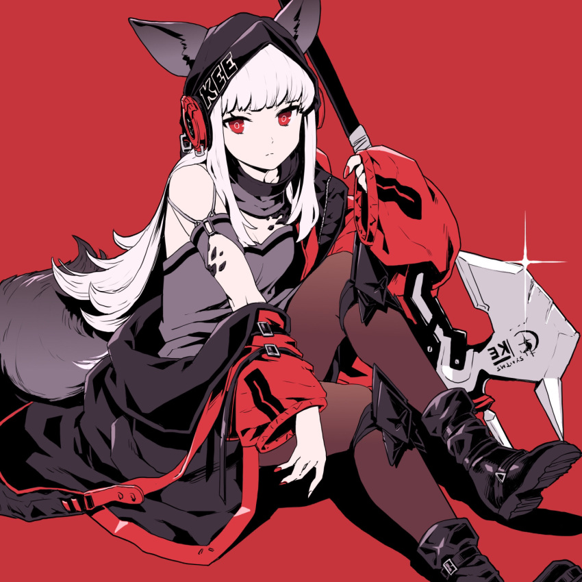 1girl animal_ears arknights bangs black_footwear black_legwear blunt_bangs boots breasts bunny_ears cleavage closed_mouth commentary detached_collar expressionless fox_tail frostleaf_(arknights) full_body glint grey_shirt halberd headphones highres hood jacket knee_guards long_hair looking_at_viewer medium_breasts nail_polish off-shoulder_shirt off_shoulder ore_lesion_(arknights) pantyhose polearm red_background red_eyes red_jacket red_nails shadow shirt silver_hair simple_background sitting sleeves_past_wrists solo straight_hair tail ume_(yume_uta_da) weapon