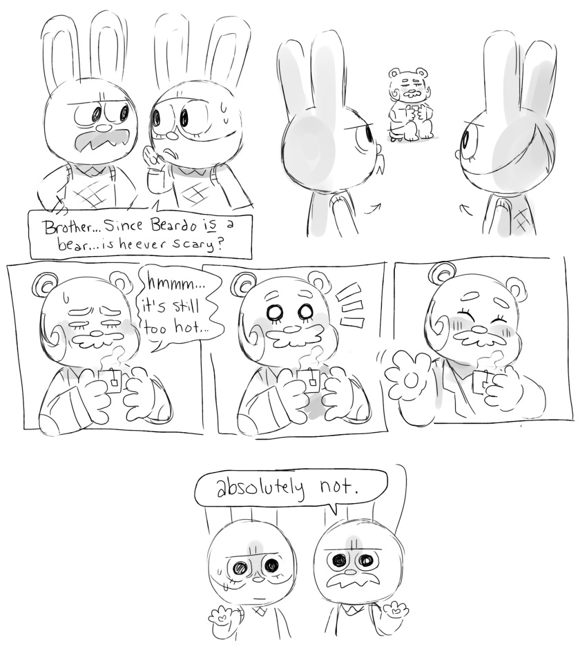 2020 animal_crossing anthro beardo_(animal_crossing) blush bodily_fluids clothing comic english_text eyes_closed facial_hair gaston_(animal_crossing) group hi_res lagomorph leporid male male/male mammal mike_cubes mustache nintendo rabbit shirt sitting sweat text topwear ursid video_games