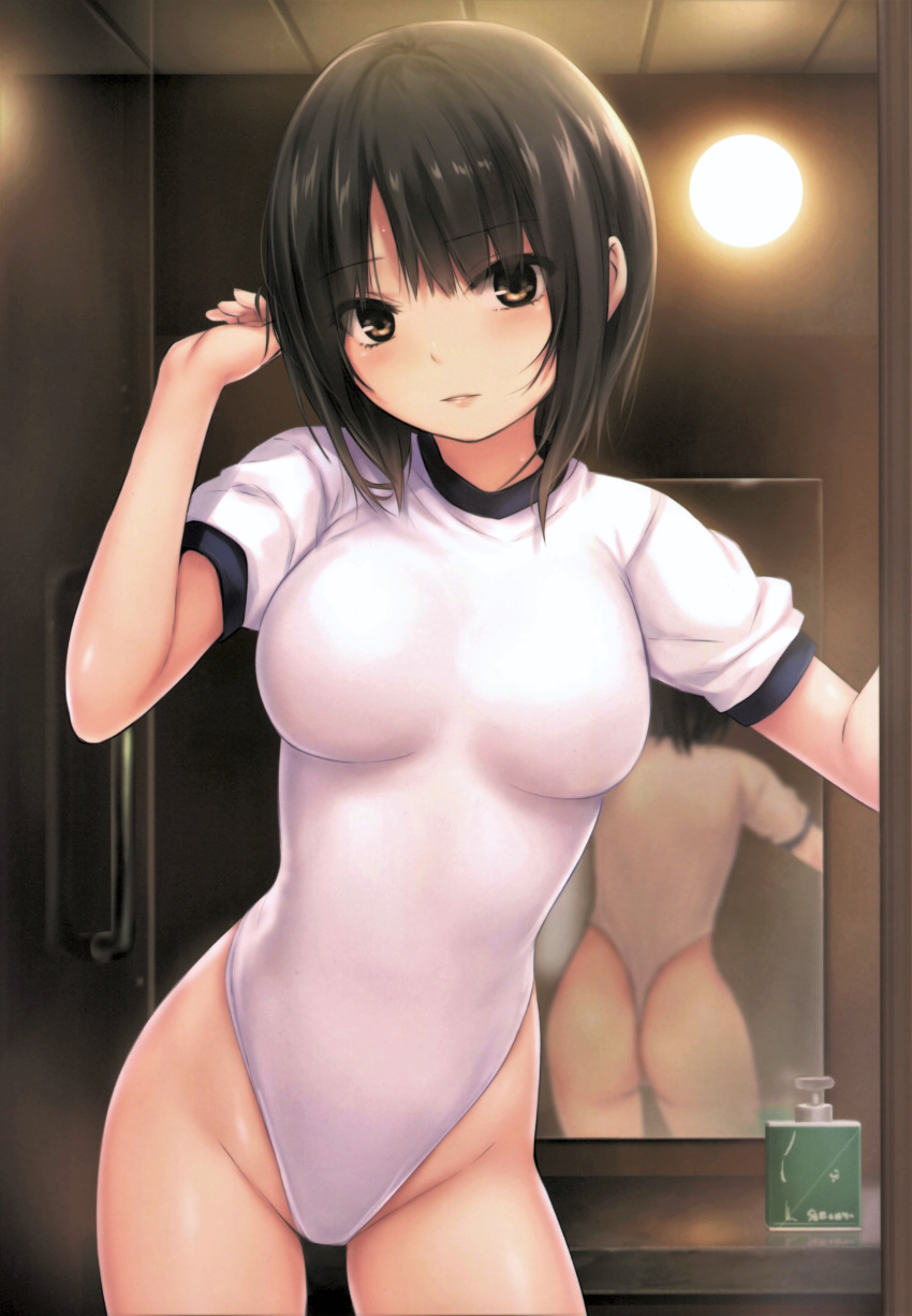 1girl absurdres aoyama_sumika ass bangs black_hair breasts brown_eyes coffee-kizoku hand_up highleg highleg_leotard highres indoors leotard looking_at_viewer medium_breasts original reflection scan shiny shiny_hair shiny_skin short_hair short_sleeves simple_background solo thighs