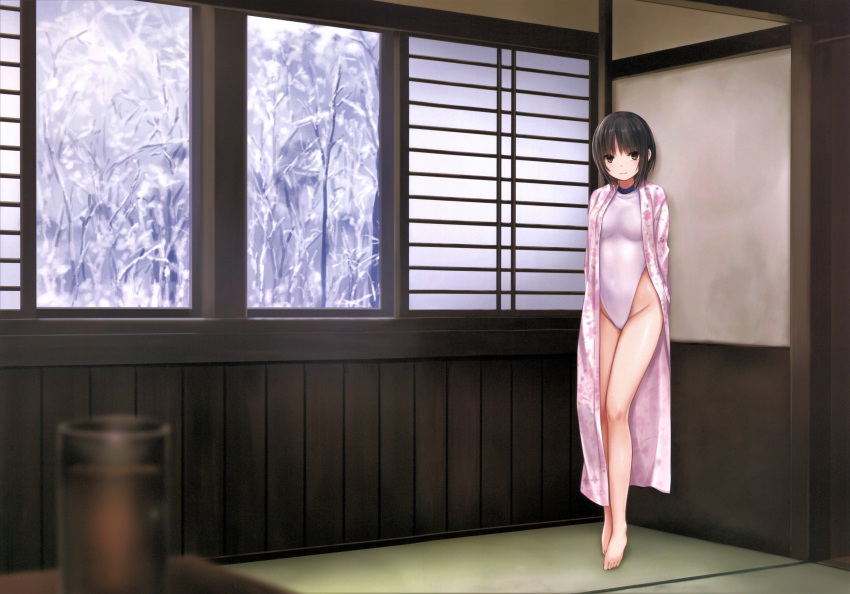 1girl absurdres aoyama_sumika arms_behind_back bangs barefoot black_hair breasts brown_eyes coffee-kizoku full_body highleg highleg_leotard highres indoors leotard looking_at_viewer medium_breasts original scan shiny shiny_hair shiny_skin short_hair solo standing window