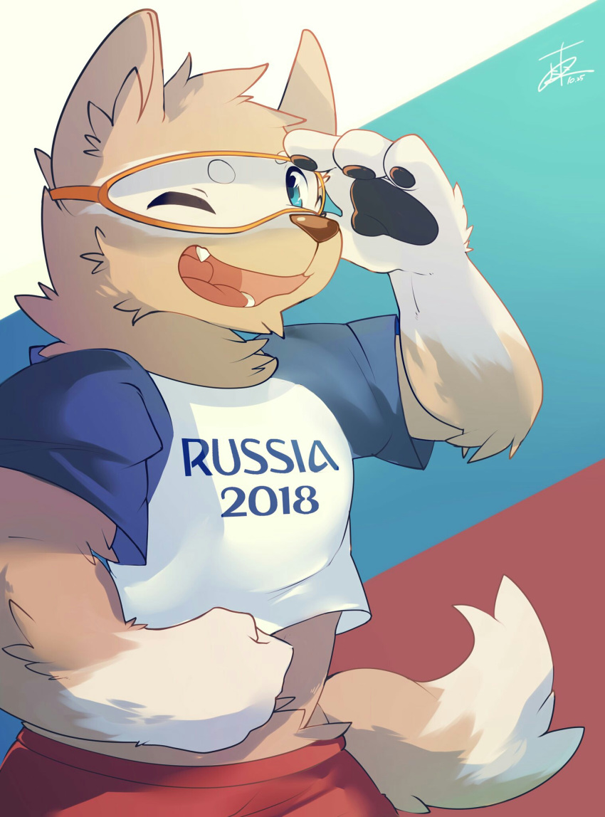 2016 anthro canid canine canis circle_eyebrows clothed clothing digital_media_(artwork) eyebrows eyewear fifa fur goggles hachi_duchi hi_res male mammal mascot one_eye_closed open_mouth pawpads simple_background solo teeth text tongue visor wink wolf zabivaka
