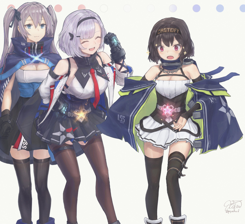 3girls :3 :d :o absurdres azur_lane black_gloves black_hair black_legwear black_ribbon blue_eyes closed_eyes clothes_writing cooper_(azur_lane) diadem eicam gloves grey_background grey_hair hachimaki hair_ribbon hand_on_hip headband highres intrepid_(azur_lane) leaning_forward long_hair metal_gloves multiple_girls necktie open_mouth pink_eyes pleated_skirt red_neckwear reno_(azur_lane) ribbon short_hair signature skirt smile standing thighhighs two_side_up zettai_ryouiki