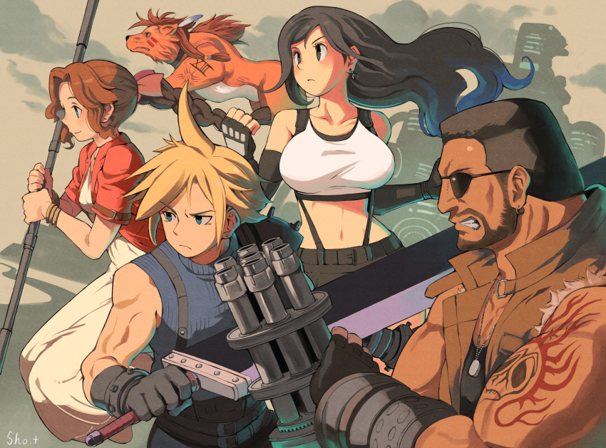 2girls 3boys absurdres aerith_gainsborough arm_cannon arm_tattoo barret_wallace beard biceps black_hair blonde_hair buster_sword clenched_teeth cloud_strife cropped_jacket dog_tags dress elbow_gloves facial_hair final_fantasy final_fantasy_vii final_fantasy_vii_remake fingerless_gloves gatling_gun gloves highres jacket multiple_boys multiple_girls red_hair red_jacket red_xiii serious sho.t staff stomach sunglasses suspenders sword tank_top tattoo teeth tifa_lockhart torn_clothes torn_sleeves weapon