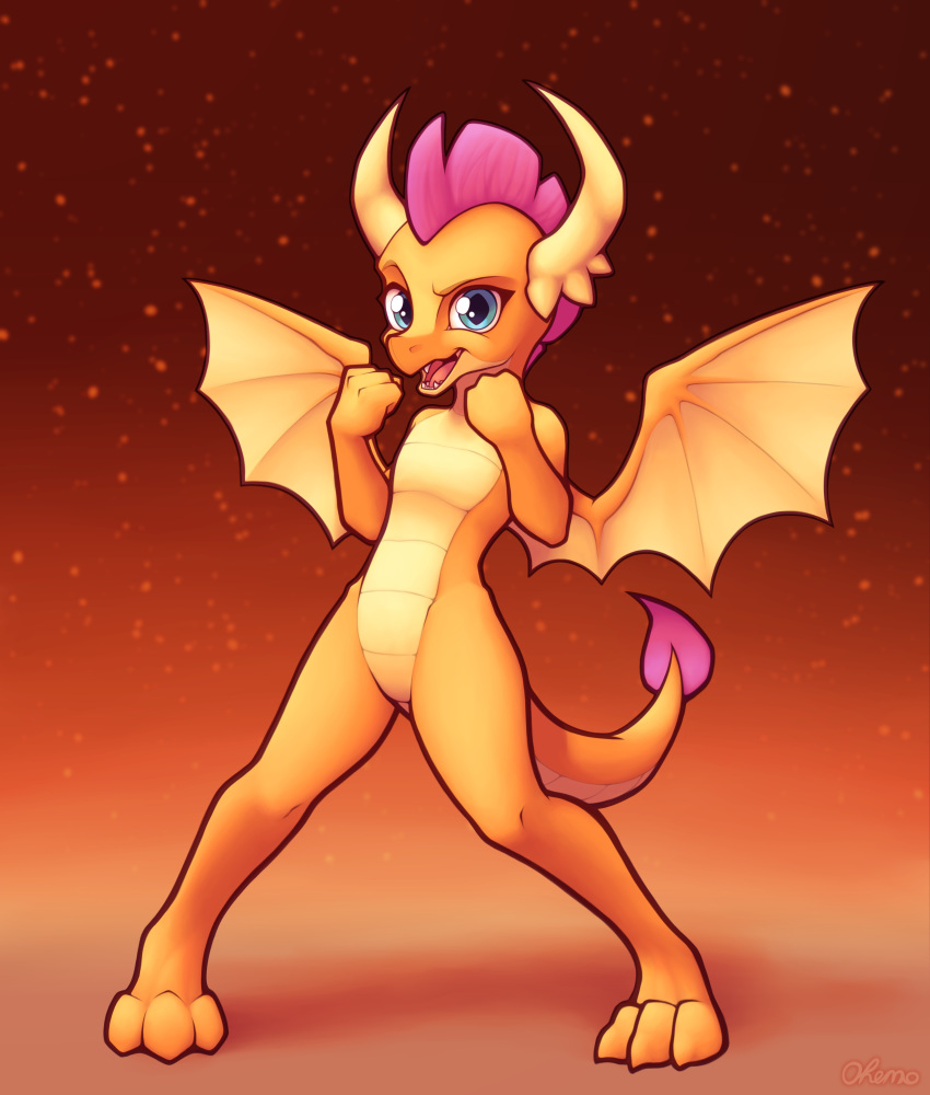 2020 3_toes absurd_res ambiguous_gender anthro dragon fangs featureless_crotch friendship_is_magic hi_res horn looking_at_viewer membrane_(anatomy) membranous_wings my_little_pony nude ohemo open_mouth smolder_(mlp) solo spread_wings toes wings