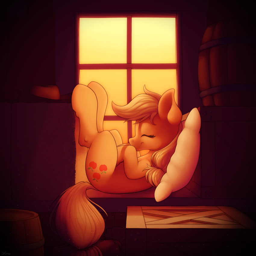 1:1 2020 absurd_res applejack_(mlp) barrel crate cutie_mark earth_pony equid equine eyelashes eyes_closed female feral friendship_is_magic hi_res horse inside mammal my_little_pony ohemo pillow pony side_view smile solo