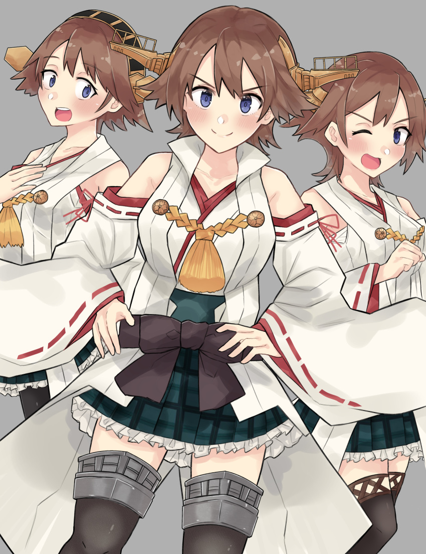 3girls absurdres boots brown_hair commentary_request cowboy_shot detached_sleeves dokuganryuu flipped_hair green_skirt grey_background hairband headgear hiei_(kantai_collection) highres japanese_clothes kantai_collection looking_at_viewer multiple_girls multiple_persona plaid popped_collar remodel_(kantai_collection) ribbon-trimmed_sleeves ribbon_trim short_hair simple_background skirt standing thigh_boots thighhighs