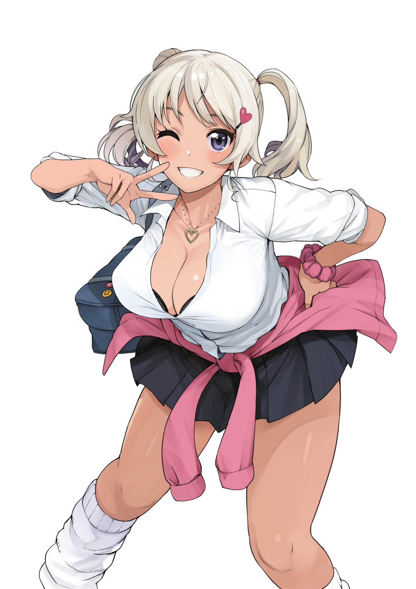 1girl ;d absurdres bag black_bra bra breasts cleavage clothes_around_waist dark_skin gyaru hand_on_thigh heart heart_necklace highres jewelry kuro_gyaru-san_ga_kuru! large_breasts loose_socks medium_hair miniskirt necklace one_eye_closed open_mouth original platinum_blonde_hair school_bag school_uniform scrunchie skirt smile solo sweater_around_waist tamagoroo_(funifuni_labo) thighs twintails underwear v