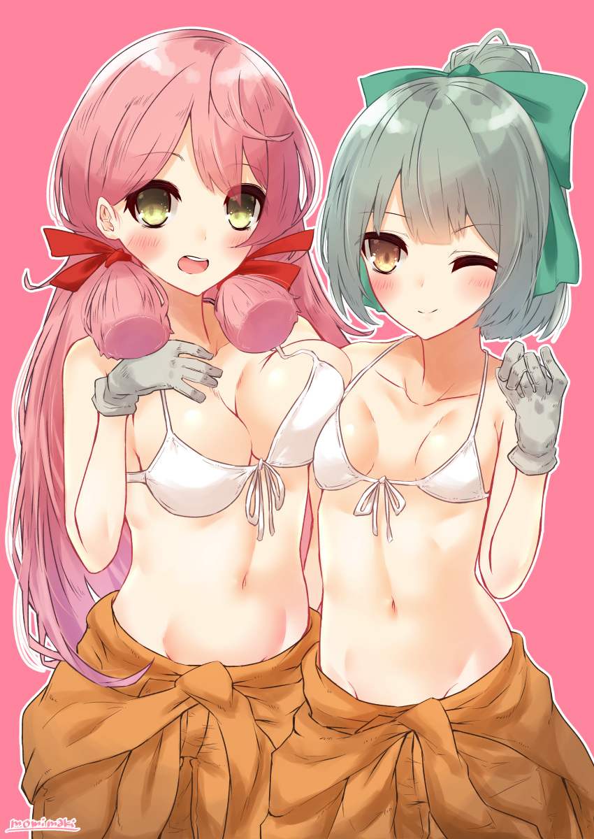 2girls :d ;) absurdres akashi_(kantai_collection) alternate_costume artist_name asymmetrical_docking bikini blush bow breast_press breasts cleavage cowboy_shot eyebrows_visible_through_hair gloves green_eyes green_hair grey_gloves hair_bow hair_ribbon highres jumpsuit kantai_collection large_breasts long_hair looking_at_viewer momiji_(103) multiple_girls navel one_eye_closed open_mouth pink_background pink_hair ponytail ribbon simple_background small_breasts smile swimsuit tress_ribbon white_bikini white_gloves yuubari_(kantai_collection)