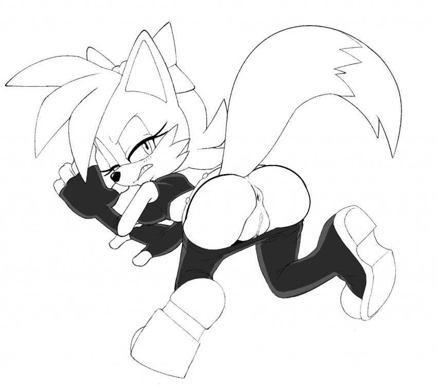 anthro anus archie_comics bent_over butt canid canine clothed clothing female fiona_fox fox genitals mammal monochrome pants_down partially_clothed pussy ravrous rubber solo sonic_the_hedgehog_(archie) sonic_the_hedgehog_(comics) sonic_the_hedgehog_(series) teasing