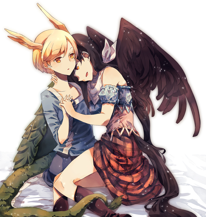 2girls :d atoki bandana bangs bare_shoulders black_hair black_wings blonde_hair blue_shirt boots brown_footwear brown_skirt commentary_request dragon_horns dragon_tail eyebrows_visible_through_hair feathered_wings highres horns kicchou_yachie knee_boots kurokoma_saki long_sleeves multiple_girls off-shoulder_shirt off_shoulder open_mouth parted_lips plaid plaid_skirt shirt short_hair short_sleeves simple_background skirt smile tail thighs touhou white_background wings yellow_eyes yuri