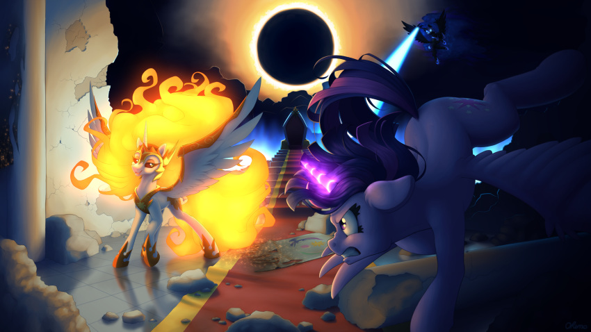 16:9 2019 4k absurd_res chair cutie_mark daybreaker_(mlp) eclipse equid fangs female feral friendship_is_magic furniture group hi_res horn mammal my_little_pony nightmare_moon_(mlp) ohemo sibling sister sisters spread_wings teeth throne twilight_sparkle_(mlp) widescreen winged_unicorn wings