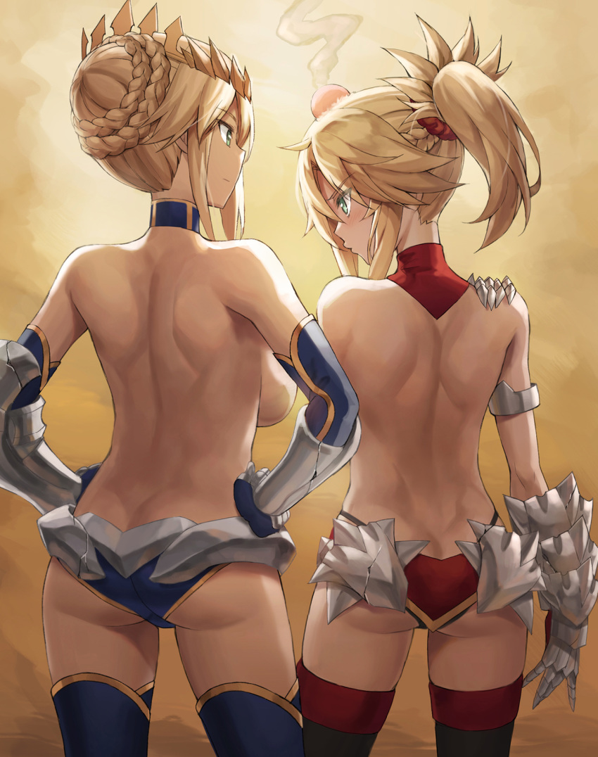 2girls ahoge artoria_pendragon_(all) artoria_pendragon_(lancer) ass back bangs blonde_hair blush braid breasts closed_mouth crown elbow_gloves fate/apocrypha fate/grand_order fate_(series) faulds french_braid gauntlets gloves green_eyes hair_ornament hair_scrunchie hands_on_hips head_bump highres large_breasts long_hair mordred_(fate) mordred_(fate)_(all) multiple_girls panties ponytail red_scrunchie scrunchie sidelocks small_breasts thighhighs thighs tonee topless underwear