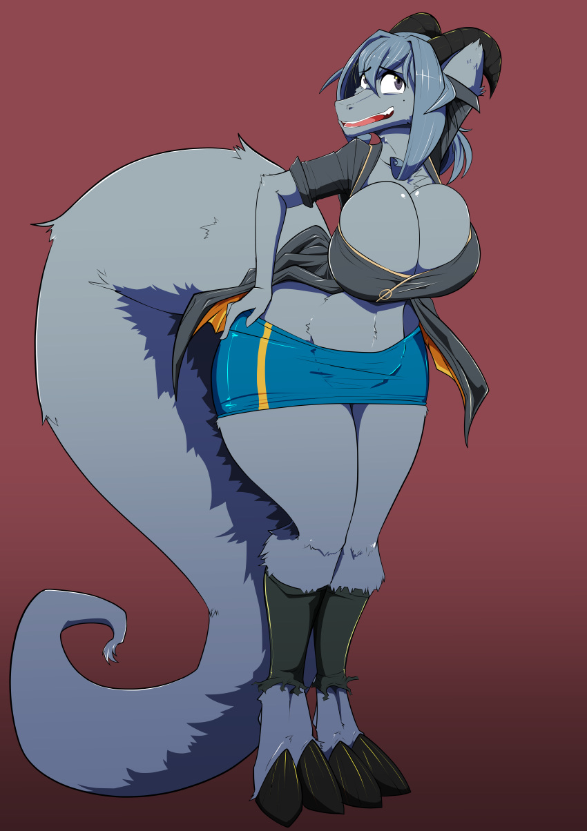 absurd_res alternate_species anthro big_breasts bottomwear breasts cleavage clothed clothing dragon female fur furred_dragon hi_res horn kantai_collection long_tail open_mouth scalie skirt solo thick_thighs vale-city wide_hips