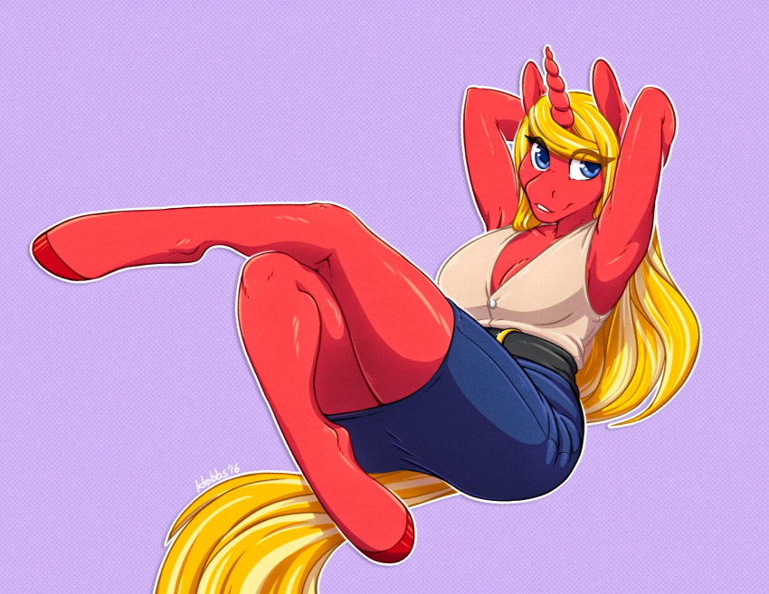 2020 anthro blonde_hair blue_eyes bottomwear breasts cleavage clothed clothing equid fan_character female hair hi_res hobbsmeerkat hooves horn mammal my_little_pony pose scarlet_rose sitting skirt unicorn