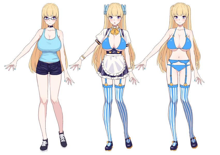 1girl apron bangs bare_shoulders bikini bikini_top blonde_hair blue_bikini blue_eyes blue_footwear blue_garter_straps blue_shorts blue_skirt blue_tank_top blush bow breasts choker cleavage closed_mouth collarbone detached_collar full_body glasses hair_bow heart_button highres large_breasts lina_(michihasu) long_hair looking_at_viewer michihasu multiple_views navel open_mouth original puffy_short_sleeves puffy_sleeves short_shorts short_sleeves shorts simple_background skirt smile striped striped_legwear swimsuit tank_top thighhighs two_side_up underbust vertical-striped_legwear vertical_stripes waist_apron white_apron white_background yellow_neckwear