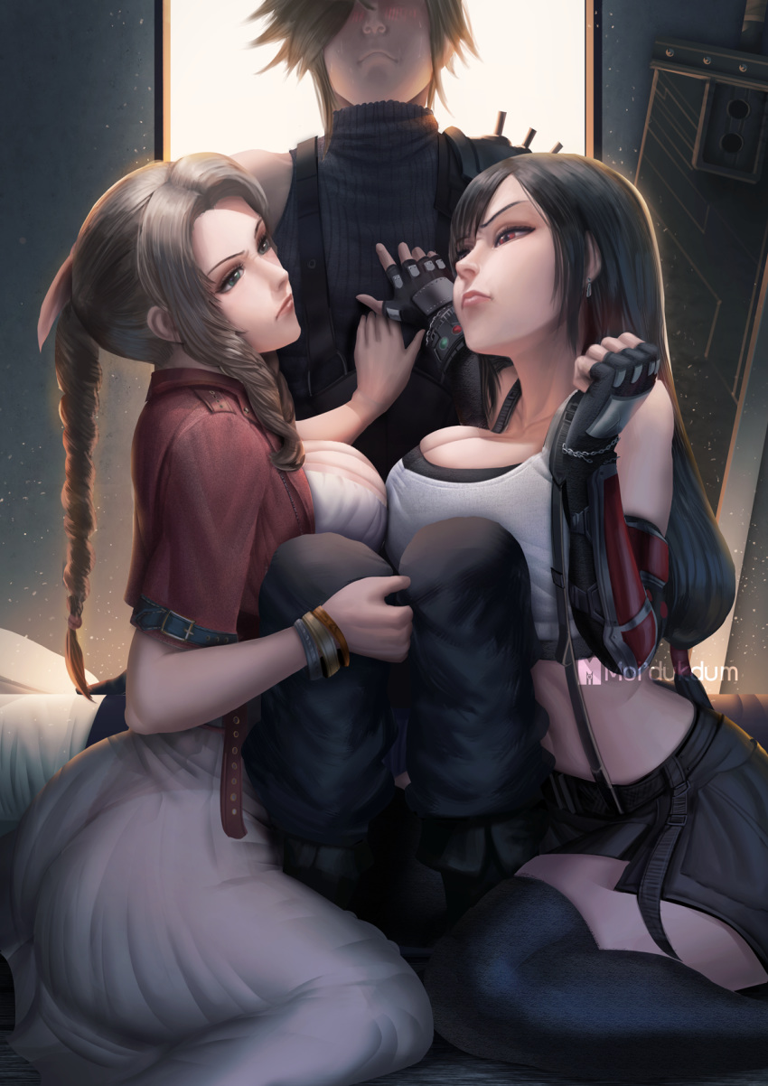 2girls aerith_gainsborough ass bed black_hair breasts brown_hair cleavage cloud_strife cropped_jacket dress final_fantasy final_fantasy_vii final_fantasy_vii_remake girl_sandwich hand_on_another's_chest head_out_of_frame highres jacket moi'dukdum multiple_girls red_jacket sandwiched sitting suspenders thighhighs tifa_lockhart