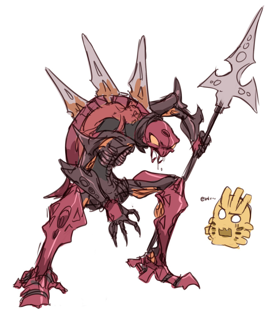 ambiguous_gender armor back_spikes bionicle bodily_fluids claws digital_drawing_(artwork) digital_media_(artwork) fingers hi_res holding_object holding_weapon humanoid lego lightsource machine mask melee_weapon not_furry open_mouth rahkshi red_body robot saliva simple_background solo solo_focus spiked_back spikes standing takanuva text toa weapon white_background yellow_eyes
