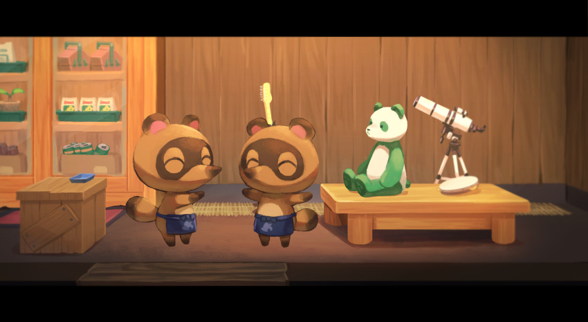 2boys animal_ears apron blue_apron closed_eyes doubutsu_no_mori guitar highres indoors instrument mamekichi_(doubutsu_no_mori) multiple_boys plant raccoon raccoon_ears raccoon_tail saino smile standing stuffed_animal stuffed_panda stuffed_toy tail telescope tsubukichi_(doubutsu_no_mori) wooden_wall