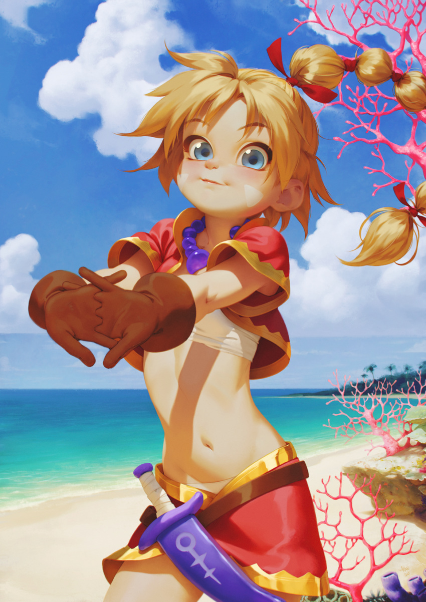 1girl alkemanubis beach blonde_hair blue_eyes blue_sky braid braided_ponytail chrono_cross cloud coral cracking_knuckles dagger fingerless_gloves gloves highres kid_(chrono_cross) miniskirt navel ocean skirt sky smile solo stomach weapon