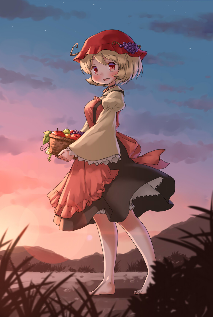 1girl aki_minoriko apron arinu barefoot basket black_choker blonde_hair bloomers choker cloud commentary_request food fruit full_body grapes hat highres holding holding_basket leaf lens_flare open_mouth petticoat plant red_eyes red_headwear short_hair skirt sky solo star_(sky) touhou underwear wide_sleeves