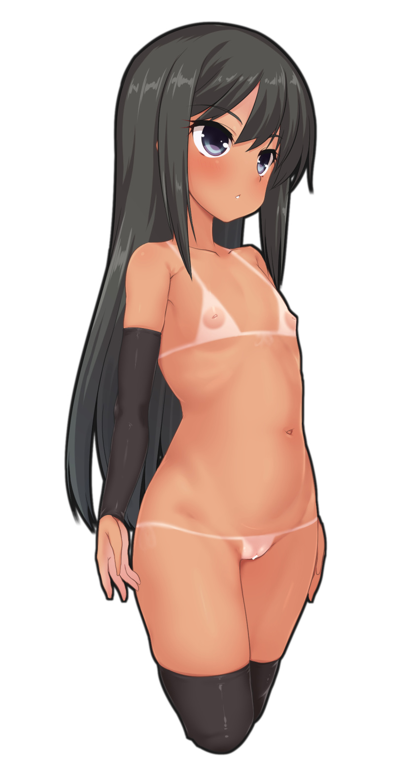 1girl arms_at_sides asashio_(kantai_collection) bangs bar_censor bikini_tan black_hair black_legwear blue_eyes blush censored collarbone commentary_request cropped_legs detached_sleeves flat_chest highres kantai_collection long_hair long_sleeves looking_away navel nipples nude parted_lips pussy sidelocks simple_background solo stomach straight_hair tan tanline thighhighs white_background yoshi_tama