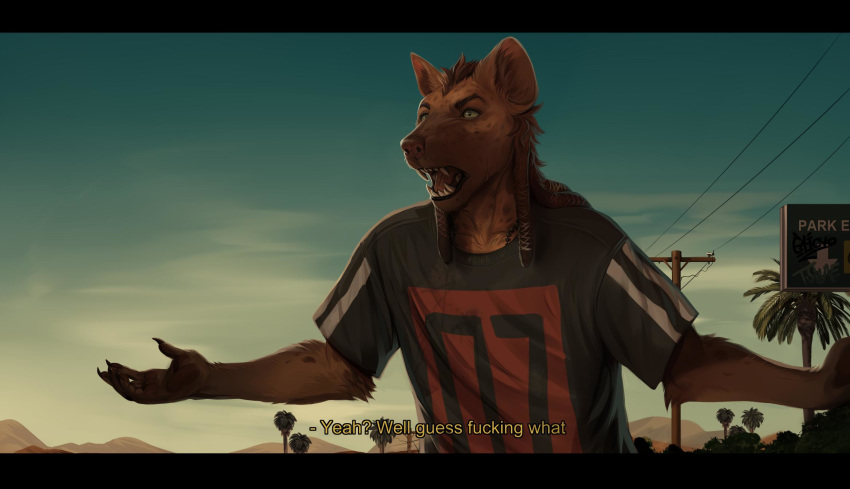 brown_hair caicyo clothed clothing cussing dialogue english_text fully_clothed hair hi_res hyaenid male mammal palm_tree profanity solo teeth text tree