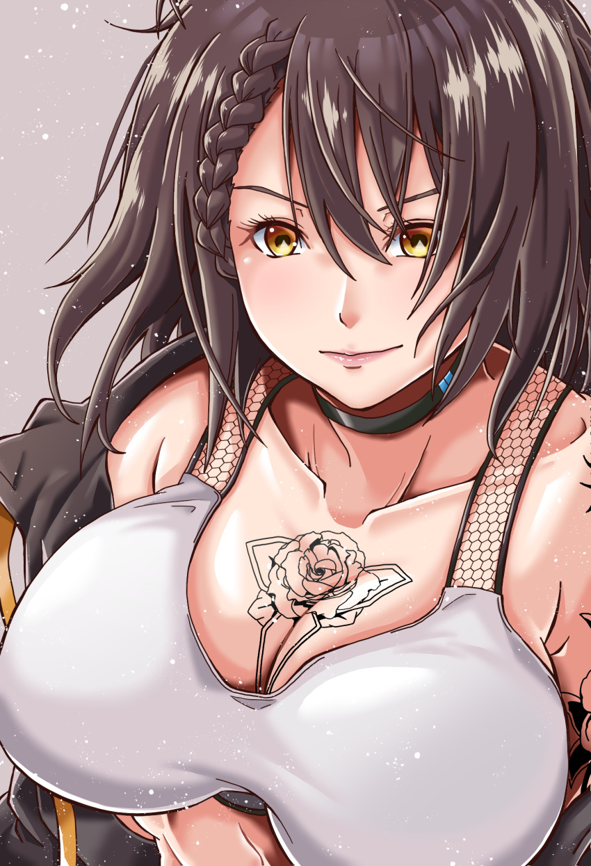 1girl arm_tattoo azur_lane baltimore_(azur_lane) baltimore_(black_ace)_(azur_lane) bangs bare_shoulders black_choker black_jacket braid breasts brown_hair chest_tattoo choker cleavage collarbone commentary_request eyebrows_behind_hair eyelashes flower_tattoo forest_(4423) french_braid grey_background hair_between_eyes highres impossible_clothes jacket large_breasts light_particles looking_at_viewer medium_hair midriff off-shoulder_jacket off_shoulder revision short_hair shoulder_tattoo sidelocks simple_background smile solo sports_bra tattoo upper_body white_sports_bra yellow_eyes
