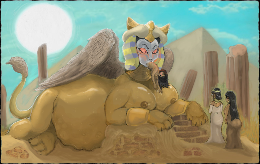 2019 belly big_belly black_hair breasts butt clothing desert felid female group hair hi_res human mammal mythological_sphinx mythology nipples oral_vore overweight plaguetyranno red_eyes simple_background size_difference vore wings