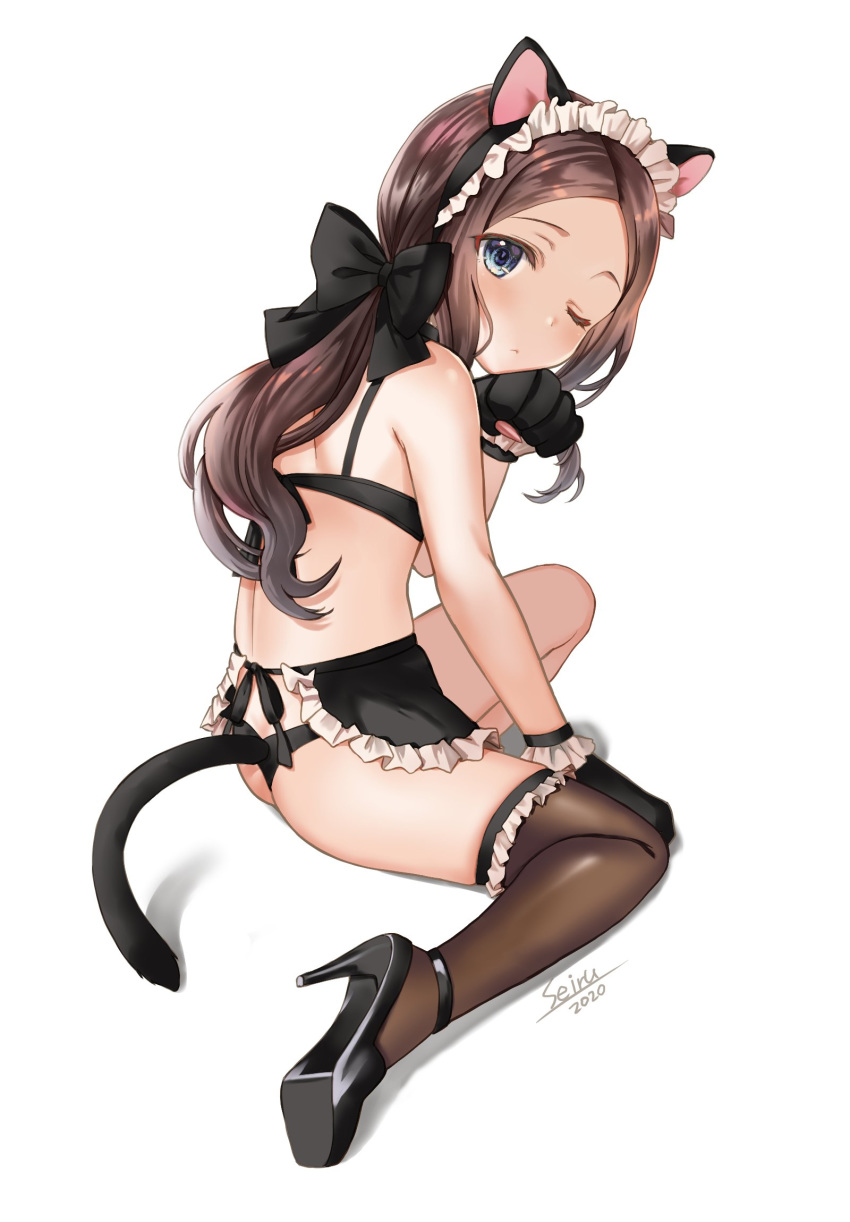 1girl animal_ears apron ass back bangs black_apron black_bow black_bra black_footwear black_panties blue_eyes blush bow bra breasts brown_hair brown_legwear cat_ears cat_tail fate/grand_order fate_(series) forehead gloves hair_bow high_heels highres hijiri_ruka legs leonardo_da_vinci_(fate/grand_order) leonardo_da_vinci_(rider)_(fate) long_hair looking_at_viewer maid_headdress one_eye_closed panties parted_bangs paw_gloves paws ponytail simple_background sitting small_breasts solo tail thighhighs underwear waist_apron wariza white_background