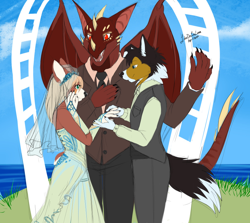 absurd_res anthro arch blue_eyes bow_tie brant_albrecht canid canine canis clothed clothing collie detailed_background digit_ring digital_media_(artwork) domestic_dog dragon dress elyssa_llewellyn eyelashes fangs female fingers flower formal_clothing gem gold_(metal) green_eyes group hair herding_dog hi_res horn jewelry lobadelaluna male mammal open_mouth outside pastoral_dog pembroke_welsh_corgi plant red_eyes ring rorick_kintana rough_collie sapphire_(gem) scalie sheepdog sky smile suit topwear veil wedding wedding_dress wedding_ring wedding_veil welsh_corgi western_dragon wings