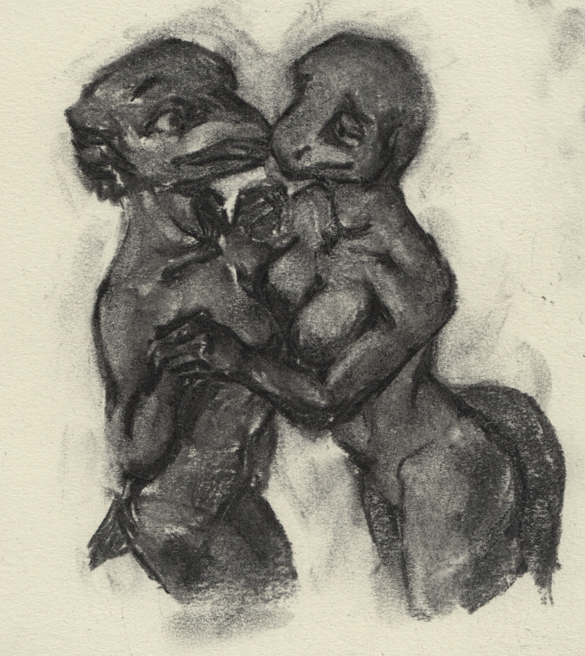 absurd_res anthro avian beak bird black_body black_feathers breast_squish breasts breasts_frottage corvid corvus_(genus) crow duo embrace english_text eye_contact feathers female female/female graphite_(artwork) hand_holding hi_res looking_at_another monochrome nude reptile romantic_ambiance romantic_couple scalie simple_background smile snake squish standing tetramelly text traditional_media_(artwork)