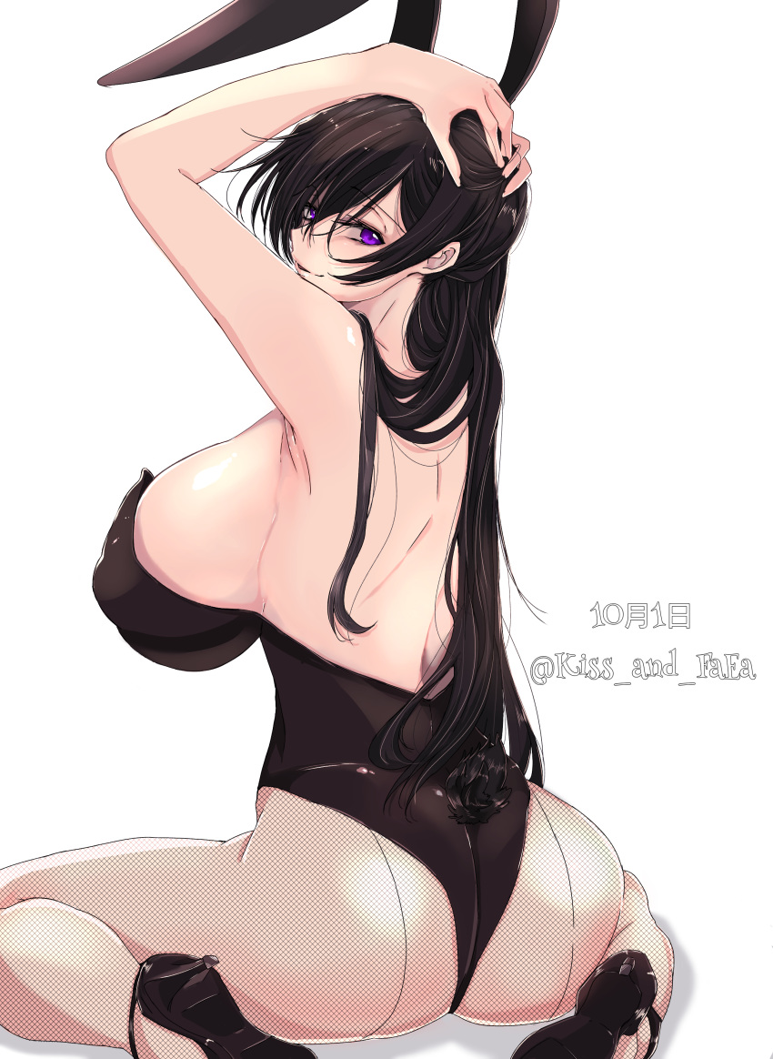 1girl absurdres animal_ears armpits arms_on_head back bangs black_footwear black_hair black_leotard breasts bunny_ears bunny_girl code_geass commentary_request covered_nipples fishnet_legwear fishnets from_behind genderswap genderswap_(mtf) hair_between_eyes high_heels highres huge_breasts lelouch_lamperouge leotard long_hair looking_at_viewer purple_eyes red_light_district sideboob sidelocks sitting smile wariza