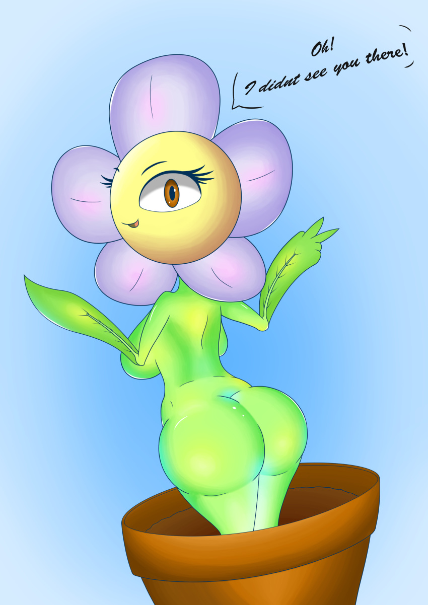 absurd_res baku big_eyes breasts butt dirt elemental_creature fan_character female flora_fauna floriaselle flower hi_res humanoid leaf not_furry painting_(artwork) petals plant simple_background solo text traditional_media_(artwork) vase