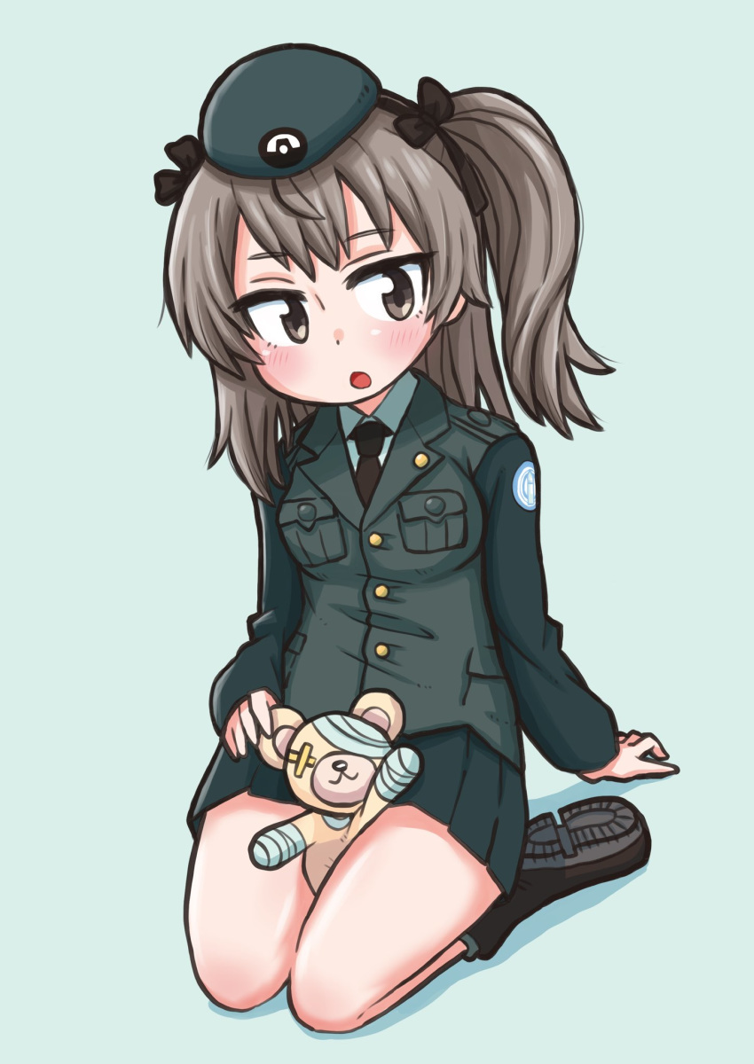 1girl bandages bangs beret black_footwear black_headwear black_jacket black_neckwear black_ribbon black_skirt blush boko_(girls_und_panzer) boots brown_eyes brown_hair commentary dress_shirt emblem full_body girls_und_panzer hair_ribbon hat highres jacket japanese_tankery_league_(emblem) kikurage_(kibori_kurage) long_hair long_sleeves looking_at_viewer military military_hat military_uniform miniskirt necktie one_side_up open_mouth pencil_skirt pleated_skirt ribbon seiza selection_university_(emblem) selection_university_military_uniform shadow shimada_arisu shirt simple_background sitting skirt solo stuffed_animal stuffed_toy teddy_bear uniform white_shirt