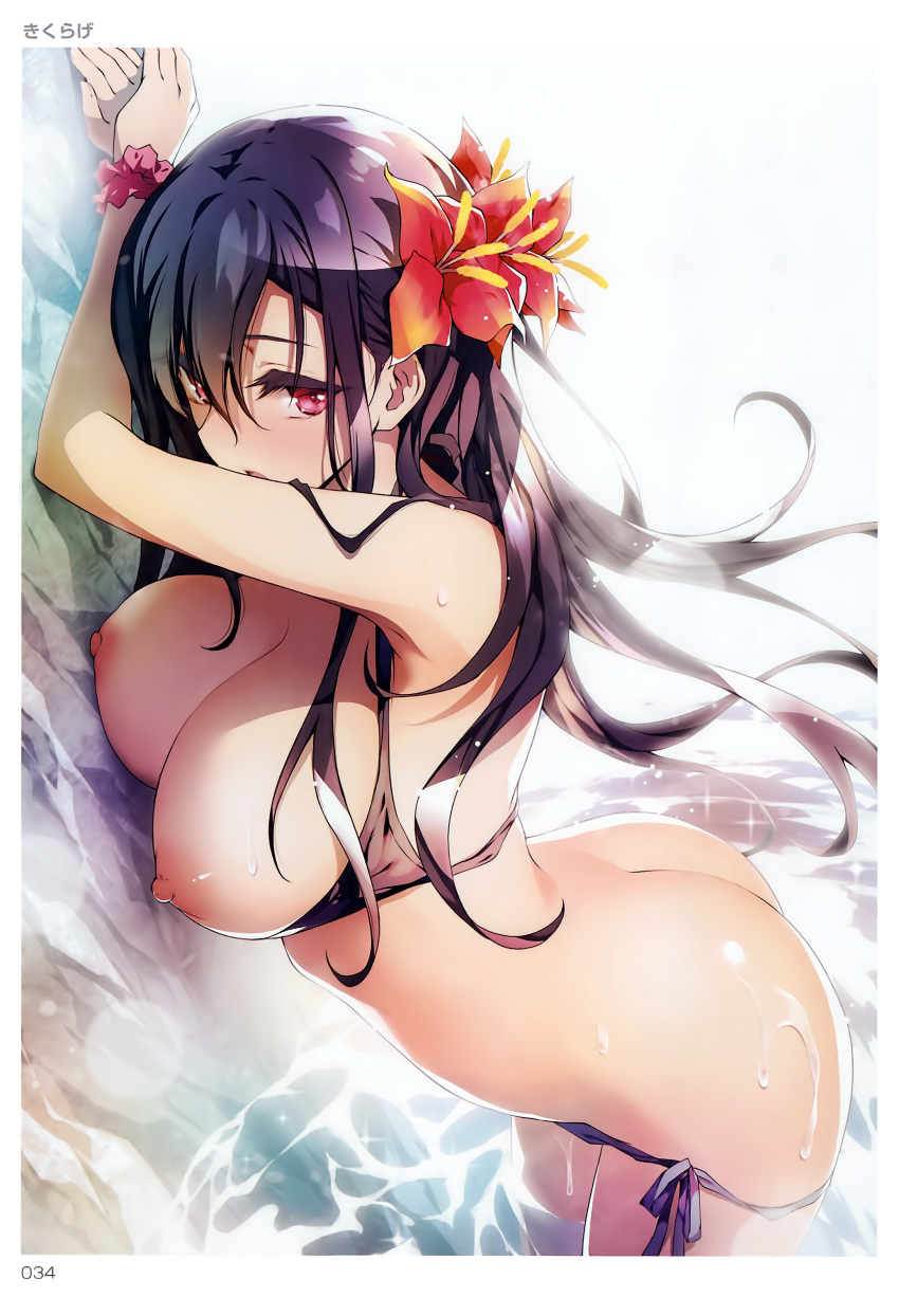 1girl absurdres arched_back arms_up ass bikini bikini_pull black_hair breasts breasts_outside cleavage cowboy_shot flower from_side hair_between_eyes hair_flower hair_ornament highres kikurage_(plastic_people) large_breasts long_hair looking_at_viewer nipples nude outdoors own_hands_together pink_eyes scan scrunchie side-tie_bikini sidelocks solo swimsuit toranoana wading wrist_scrunchie