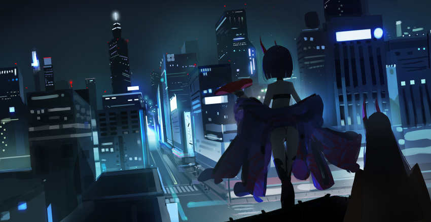 1s44c 2girls absurdres ass back bare_shoulders blonde_hair bob_cut cityscape cup fate/grand_order fate_(series) highres horns ibaraki_douji_(fate/grand_order) japanese_clothes kimono long_hair long_sleeves multiple_girls night night_sky off_shoulder oni oni_horns purple_hair purple_kimono revealing_clothes sakazuki scenery short_hair short_kimono shuten_douji_(fate/grand_order) skin-covered_horns sky thighs wide_sleeves yellow_kimono