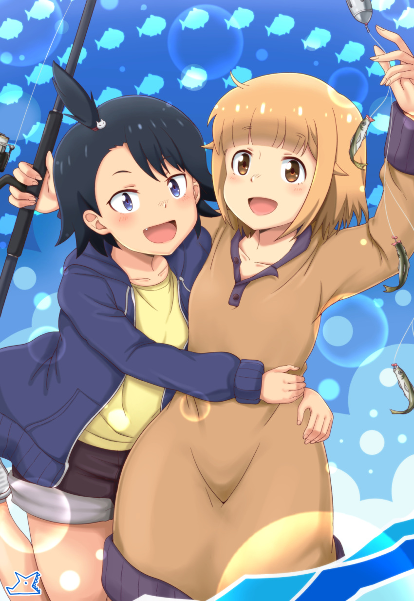 black_hair blonde_hair blue_eyes brown_eyes cat_hair_ornament eyebrows_visible_through_hair fang fish fish_background fishing_line fishing_rod hair_ornament highres hodaka_natsumi houkago_teibou_nisshi jacket open_mouth samenoido shorts simple_background tsurugi_hina